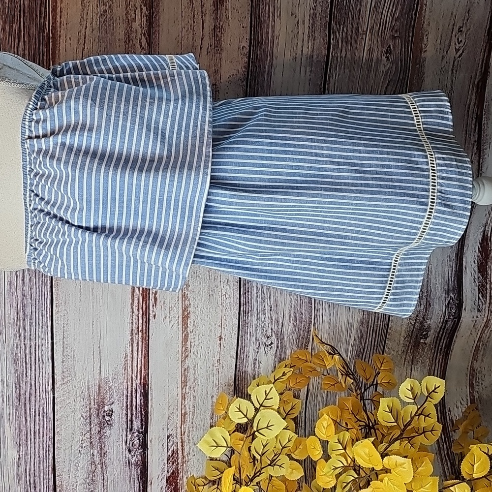 NEW JEALOUS TOMATO BLUE & WHITE STRIPE OFF SHOULDER SHORT SLEEVE PULLOVER TOP